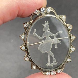 Art Deco Reverse Intaglio Glass Girl with Basket Brooch Czech